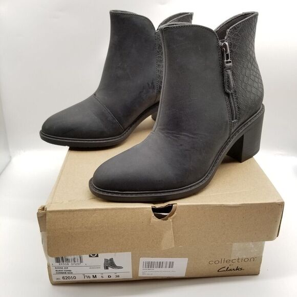 Clarks Womens Scene Zip Block Heel Ankle Booties Size 7.5 M Black Leather - Picture 1 of 7